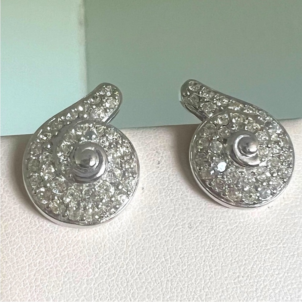 Swarovski Vintage Clear Swirl Clip On Earrings Swan Mark Silver Tone